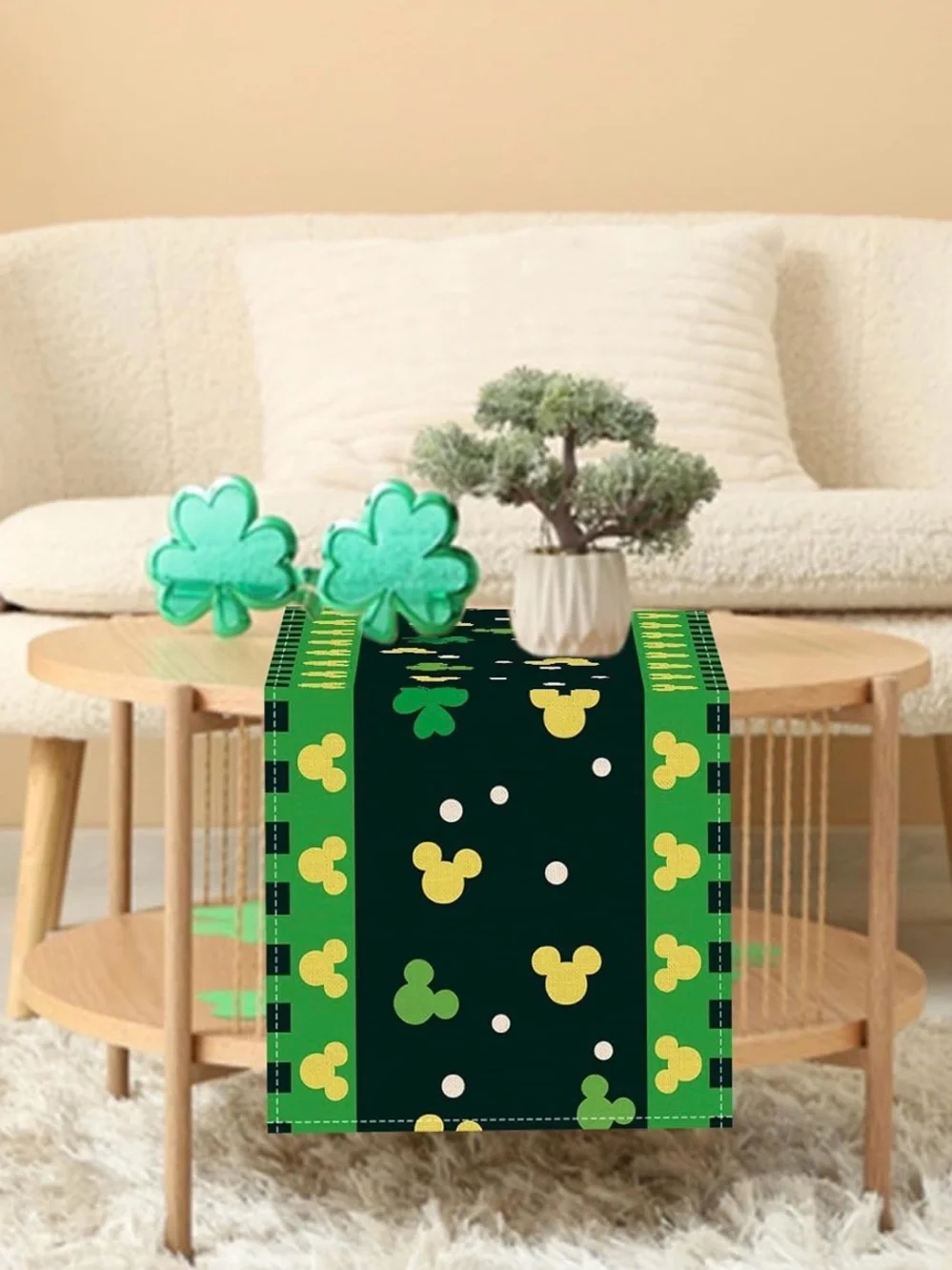 Disney Mickey Mouse St Patricks Day Table Runner Shamrock Clover Green 13x90⁠